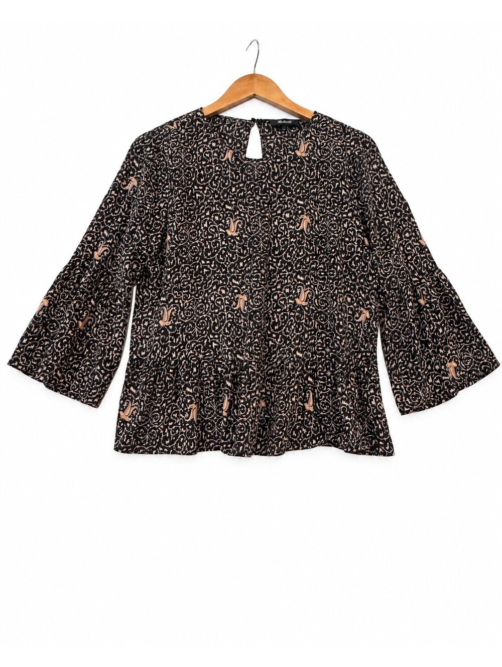 Madewell 100% Silk Fiesta Paisley Bell Sleeve Peplum Top Black Women’s Size L - Picture 2 of 5